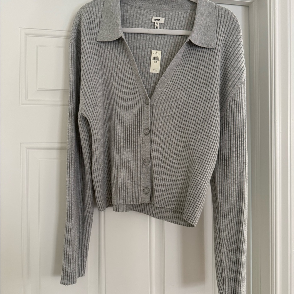 Aerie Gray Ribbed Cardigan Sweater